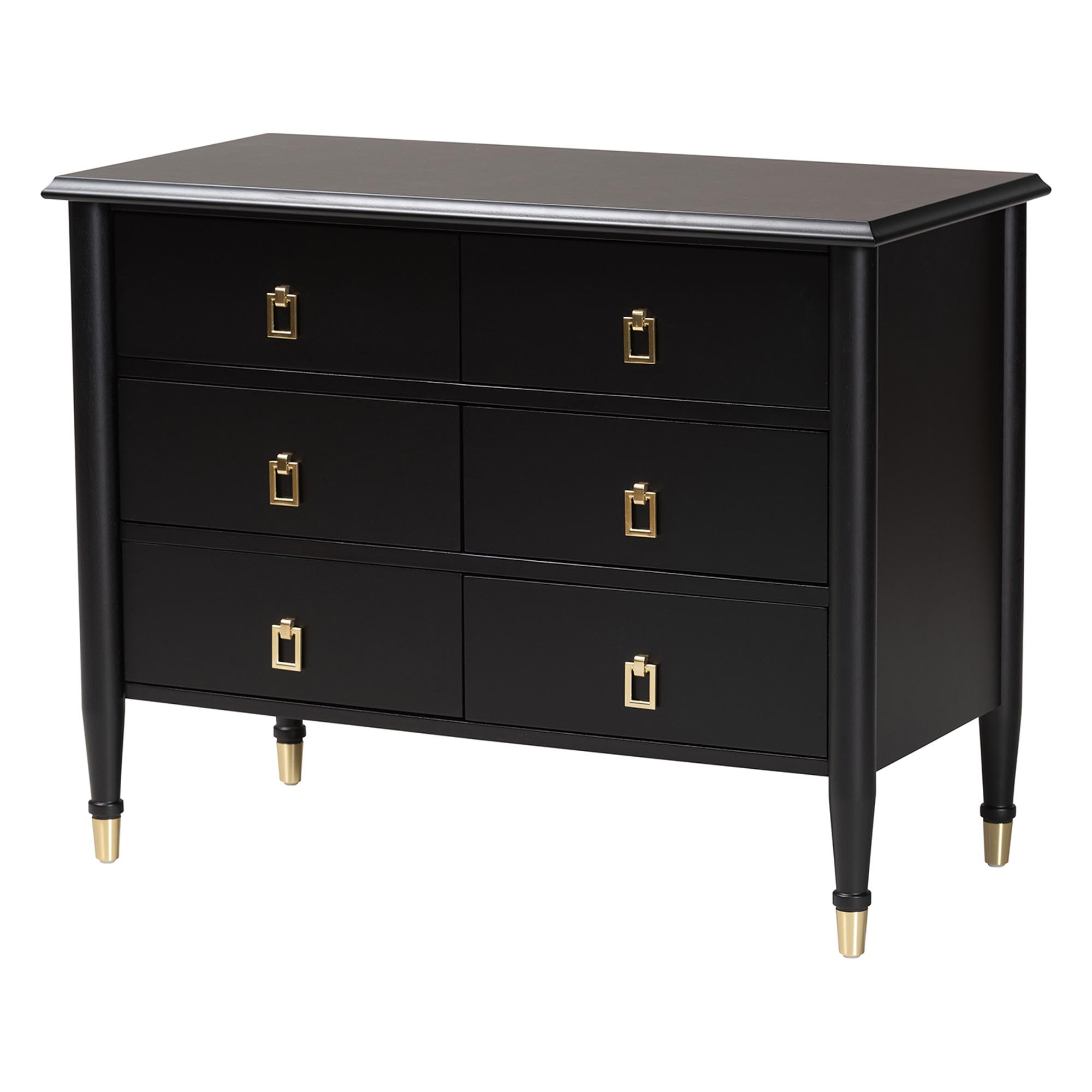 Baxton Studio Tamra Black Wood Chest with Drawers - Bedroom Storage Unit with Metallic Accents, 6-Drawer Modern Transitional Bedroom Storage Solution Affordable modern furniture in Chicago, classic bedroom furniture, modern chest, cheap chest
